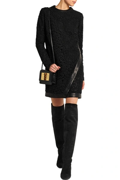 Shop Tom Ford Leather-trimmed Guipure Lace Mini Dress In Black