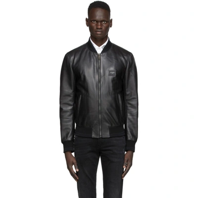 Shop Dolce & Gabbana Black Leather Bomber Jacket In N0000 Nero
