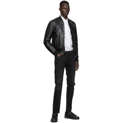 Shop Dolce & Gabbana Black Leather Bomber Jacket In N0000 Nero