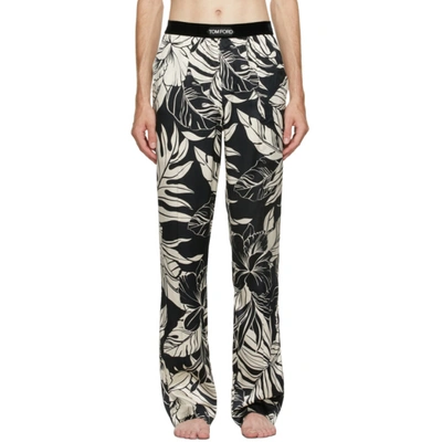 Shop Tom Ford Black & Off-white Silk Hibiscus Lounge Pants In 008 Black/o