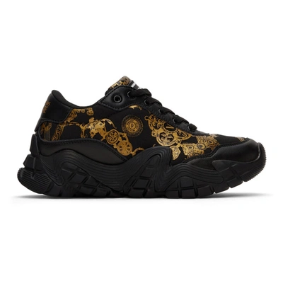 Shop Versace Jeans Couture Black Baroque Logo Sneakers In Eg89 Nero + Oro