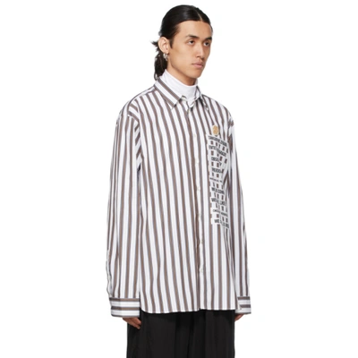 Shop Raf Simons White Stripe Patched Boxy Shirt In White Dark Brown