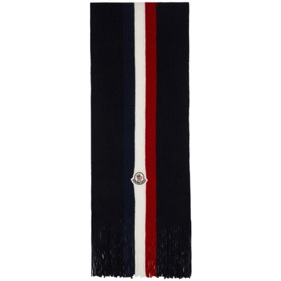Moncler Logo Patch Tricolor Wool Scarf In Blue | ModeSens