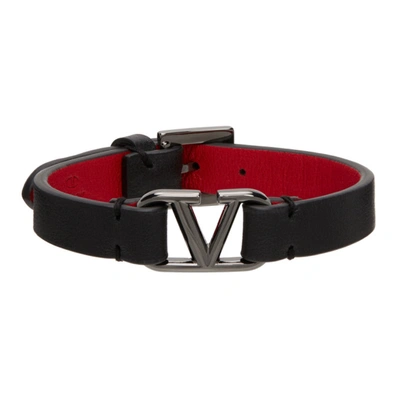 Shop Valentino Black Calfskin Vlogo Bracelet In 0sm Nero/rouge Pur