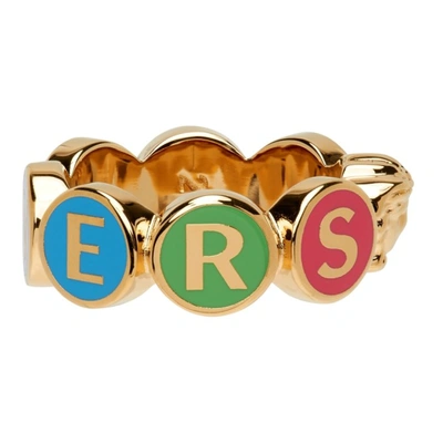 Shop Versace Gold & Multicolor Enamel Logo Ring In 4j060 Gold/multi
