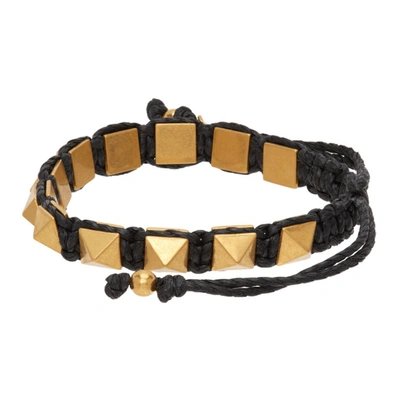 Shop Valentino Black Waxed Cotton Rockstud Bracelet In 0no Nero