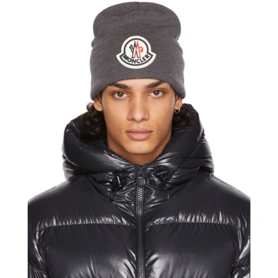 Shop Moncler Grey Wool Logo Beanie In 998 Charcoal