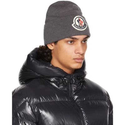 Shop Moncler Grey Wool Logo Beanie In 998 Charcoal