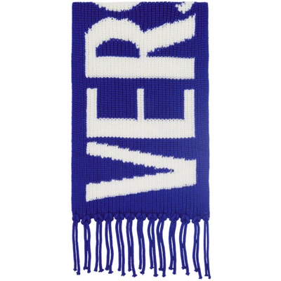 Shop Versace Blue Wool Intarsia Logo Scarf In 1u600 Blue