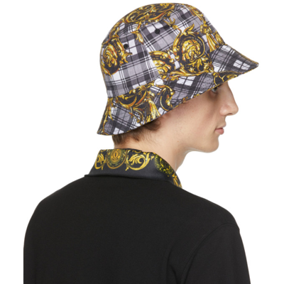 Shop Versace Jeans Couture Grey Tartan Baroque Bucket Hat In Eg80 Grigio+oro