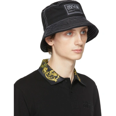 Shop Versace Jeans Couture Black & White Twill Logo Bucket Hat In E899 Nero