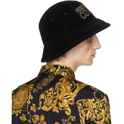 Shop Versace Jeans Couture Black Velvet Logo Bucket Hat In Eg89 Nero + Oro