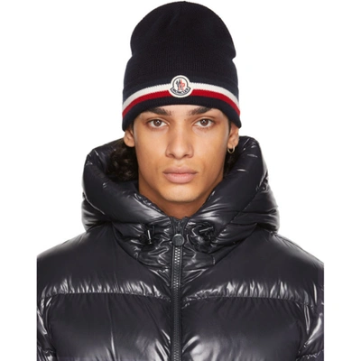 Shop Moncler Navy Wool Stripes Beanie In 742 Navy
