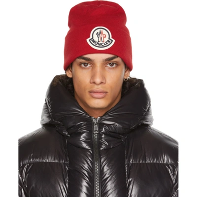 Shop Moncler Red Wool Logo Beanie In 455 Red