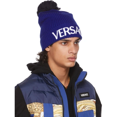 Shop Versace Blue Wool Logo Beanie In 1u600 Blue