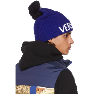 Shop Versace Blue Wool Logo Beanie In 1u600 Blue