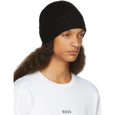 Shop Hugo Boss Black Wool Ribbed Beanie In 001 Blac