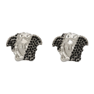 Shop Versace Silver & Black Crystal Medusa Earrings In D41p Silver