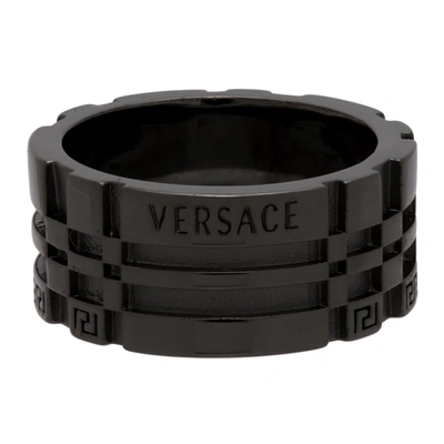 Shop Versace Gunmetal Greca Logo Band Ring In 3j090 Silve