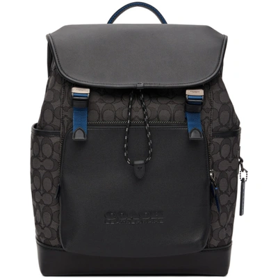 Shop Coach Black Signature Jacquard League Flap Backpack In Ji/charcoal/black