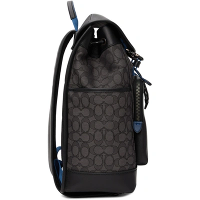 Shop Coach Black Signature Jacquard League Flap Backpack In Ji/charcoal/black