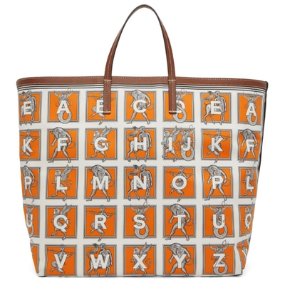 Shop Burberry White & Orange Mythical Alphabet Silk Tote