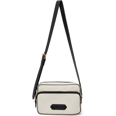 Shop Tom Ford Off-white Leather Logo Messenger Bag In C1910 Cream + Black