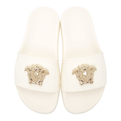 Shop Versace White Palazzo Pool Sandals In D01oc White