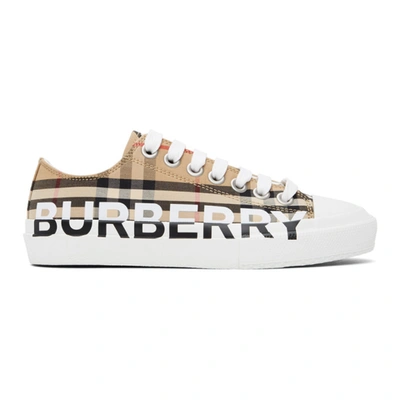 Shop Burberry Beige Logo Check Larkhall Sneakers In Archive Beige