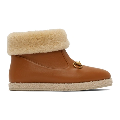 Shop Gucci Tan Leather & Merino Horsebit Boots In 2762 Caramel