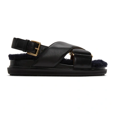 Shop Marni Black Shearling Fussbett Sandals In Zl866 Black/blublac