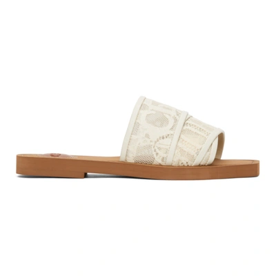 Shop Chloé Off-white Lace Woody Flat Mules In 6j1 Mild Beige