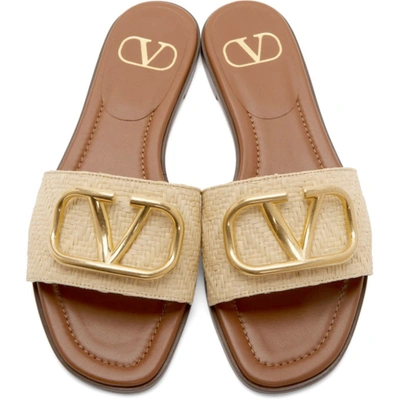 Shop Valentino Beige Raffia Chevron Vlogo Slides In 0ne Natural