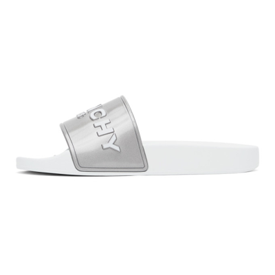 Shop Givenchy Silver & White Logo Flat Slides In 040 Silver Grey