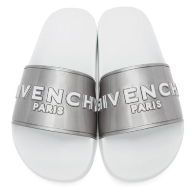 Shop Givenchy Silver & White Logo Flat Slides In 040 Silver Grey