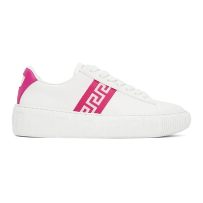 Shop Versace White Leather Greca Sneakers In 2w090 Blanc