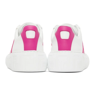 Shop Versace White Leather Greca Sneakers In 2w090 Blanc