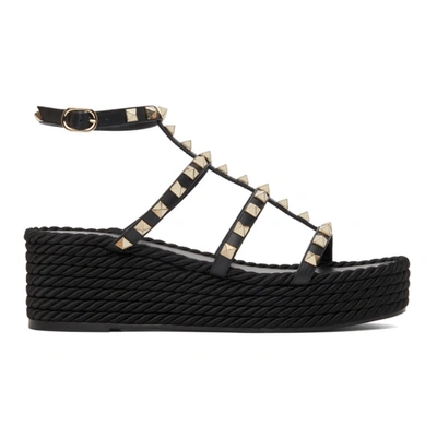 Shop Valentino Black Rockstud Wedge Platform Sandals In 0no Black