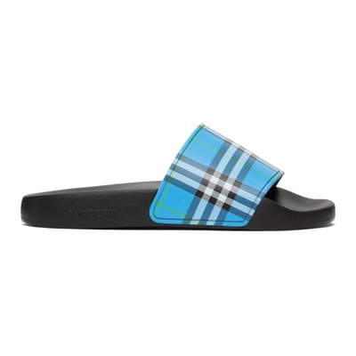 Shop Burberry Blue Check Slides In Blue Azure