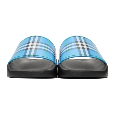 Shop Burberry Blue Check Slides In Blue Azure