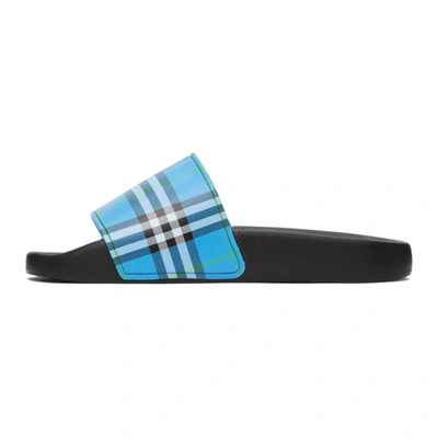 Shop Burberry Blue Check Slides In Blue Azure