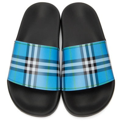 Shop Burberry Blue Check Slides In Blue Azure