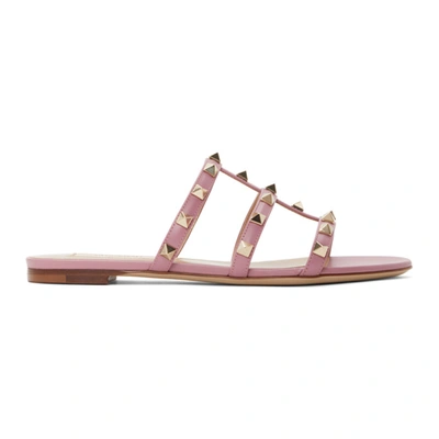 Shop Valentino Pink Rockstud Flat Slide Sandals In O45 Old Rose