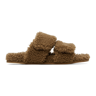 Shop Dries Van Noten Beige Shearling Platform Slide Sandals In 102 Camel
