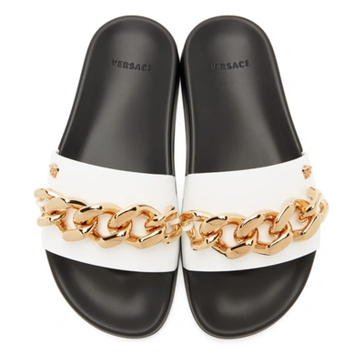 Shop Versace White Leather Medusa Chain Sandals In Dwnov White