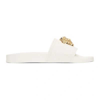 Shop Versace White Palazzo Pool Sandals In 1w01v White Gold