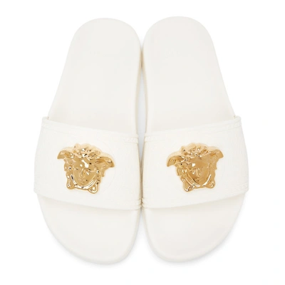 Shop Versace White Palazzo Pool Sandals In 1w01v White Gold