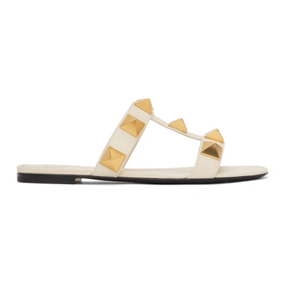 Shop Valentino Off-white Roman Stud Flat Slide Sandals In I16 Light Ivory
