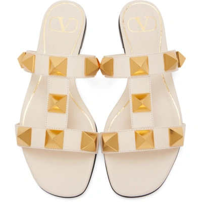 Shop Valentino Off-white Roman Stud Flat Slide Sandals In I16 Light Ivory