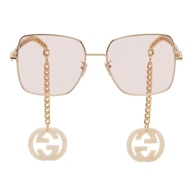 Shop Gucci Gold & Pink Square Chain Sunglasses In 003 Gold